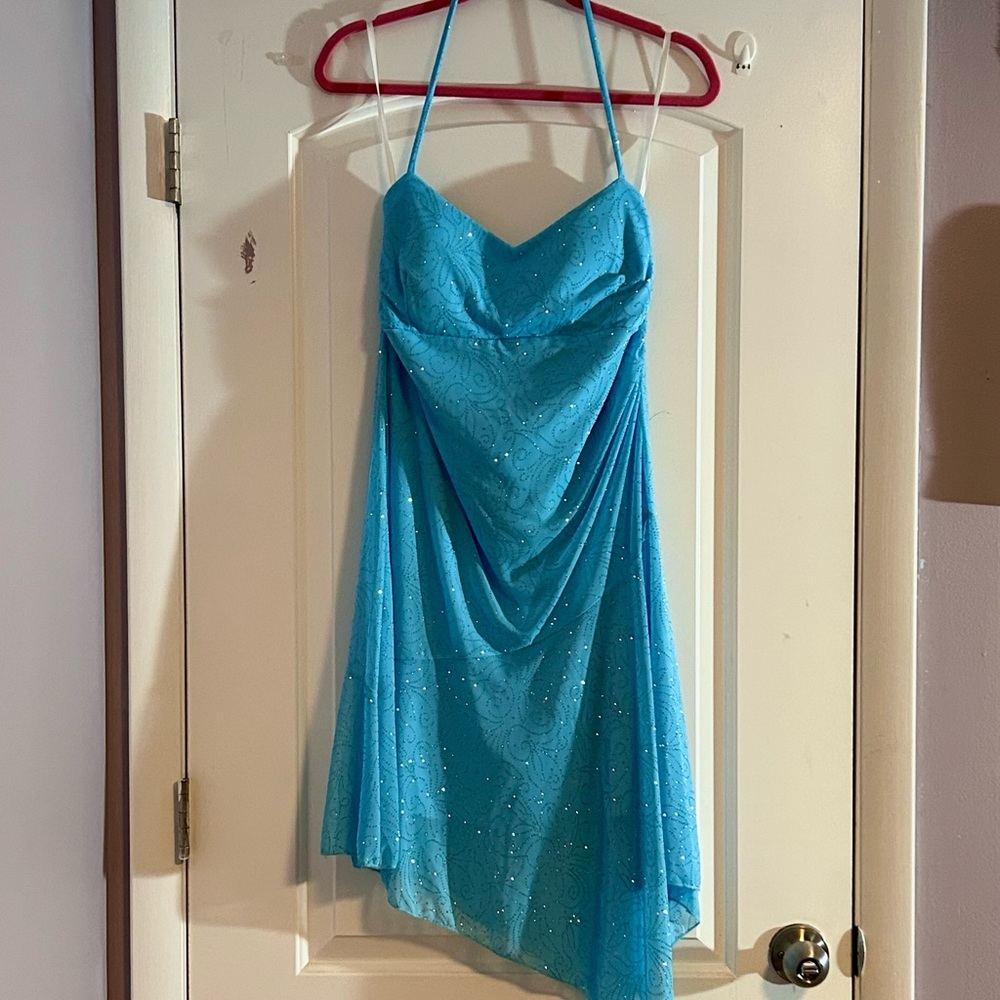 Light blue y2k taboo glitter halter homecoming dress